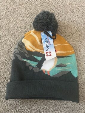 Pom Beanie - Dark Gray with Mustard & Teal Accent